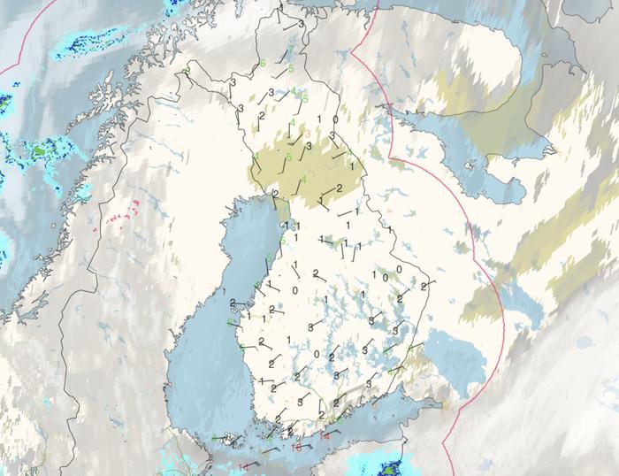 Torstai-ilta klo 19.30: Suomessa on laajalti selkeää, pohjoisessa näkyy keltasävyisenä sumupilvi. Viron suunnalla on pilvisyyttä, Virossa myös paikallisia lumisateita.